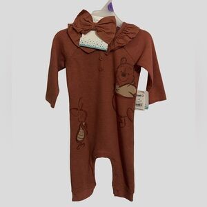 Disney Baby Winnie the Pooh Waffle Knit Romper 12M NWT Brown Bow Collar
